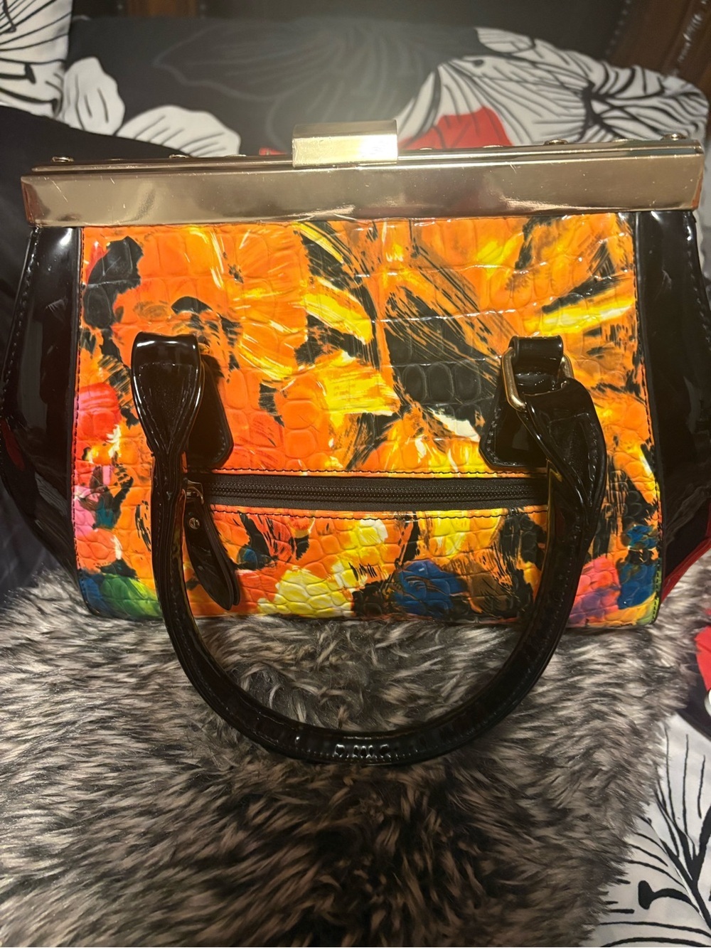 Bold Orange Multicolor Patent Lucia Satchel Handbag